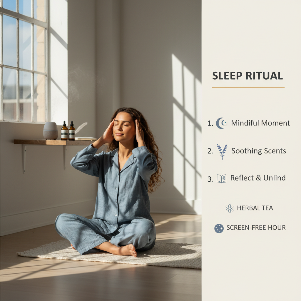 為主題〈如何打造專屬的睡眠儀式感〉生成『內文圖片』：4:3或1:1，資訊圖/步驟圖/成分圖，簡潔易讀，含2-4個重點標籤。