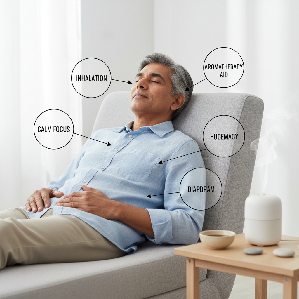 為主題〈如何用呼吸法緩解焦慮〉生成『內文圖片』：4:3或1:1，資訊圖/步驟圖/成分圖，簡潔易讀，含2-4個重點標籤。