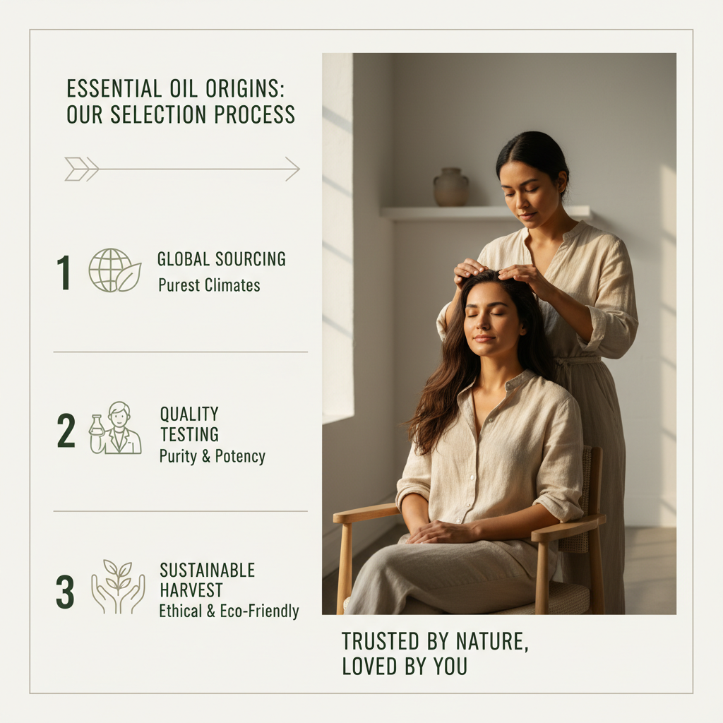 為主題〈我們如何選擇每一瓶精油的原產地〉生成『內文圖片』:4:3或1:1,資訊圖/步驟圖/成分圖,簡潔易讀,含2-4個重點標籤。