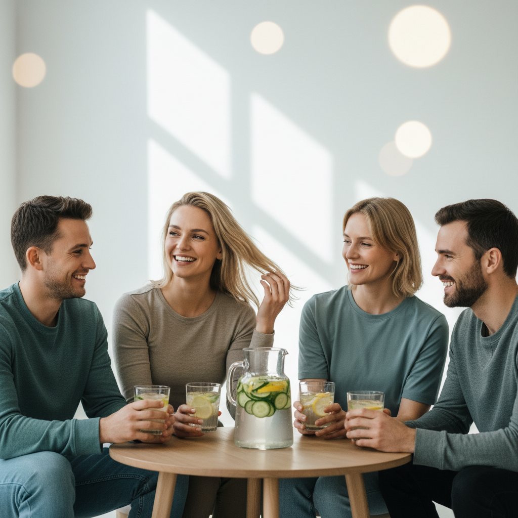 為主題〈水分攝取與皮膚健康的關係〉生成『內文圖片』：4:3或1:1，資訊圖/步驟圖/成分圖，簡潔易讀，含2-4個重點標籤。