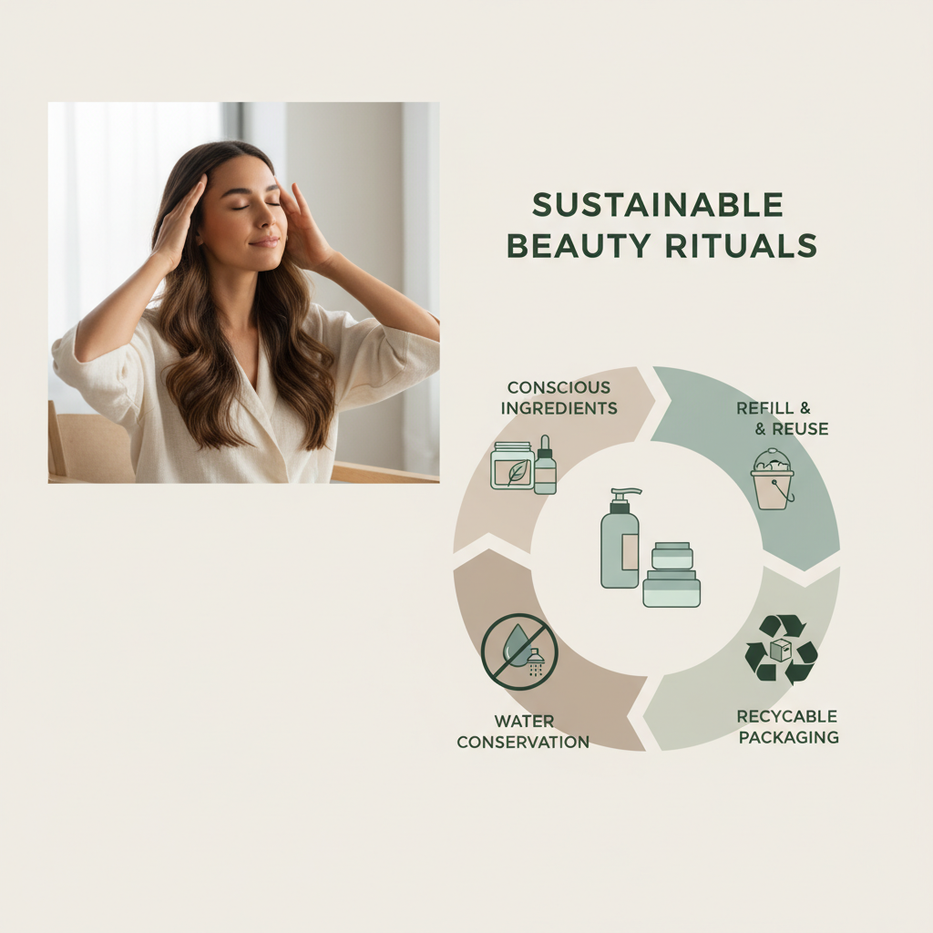 為主題〈環保永續在美業中的實踐〉生成『內文圖片』:4:3或1:1,資訊圖/步驟圖/成分圖,簡潔易讀,含2-4個重點標籤。