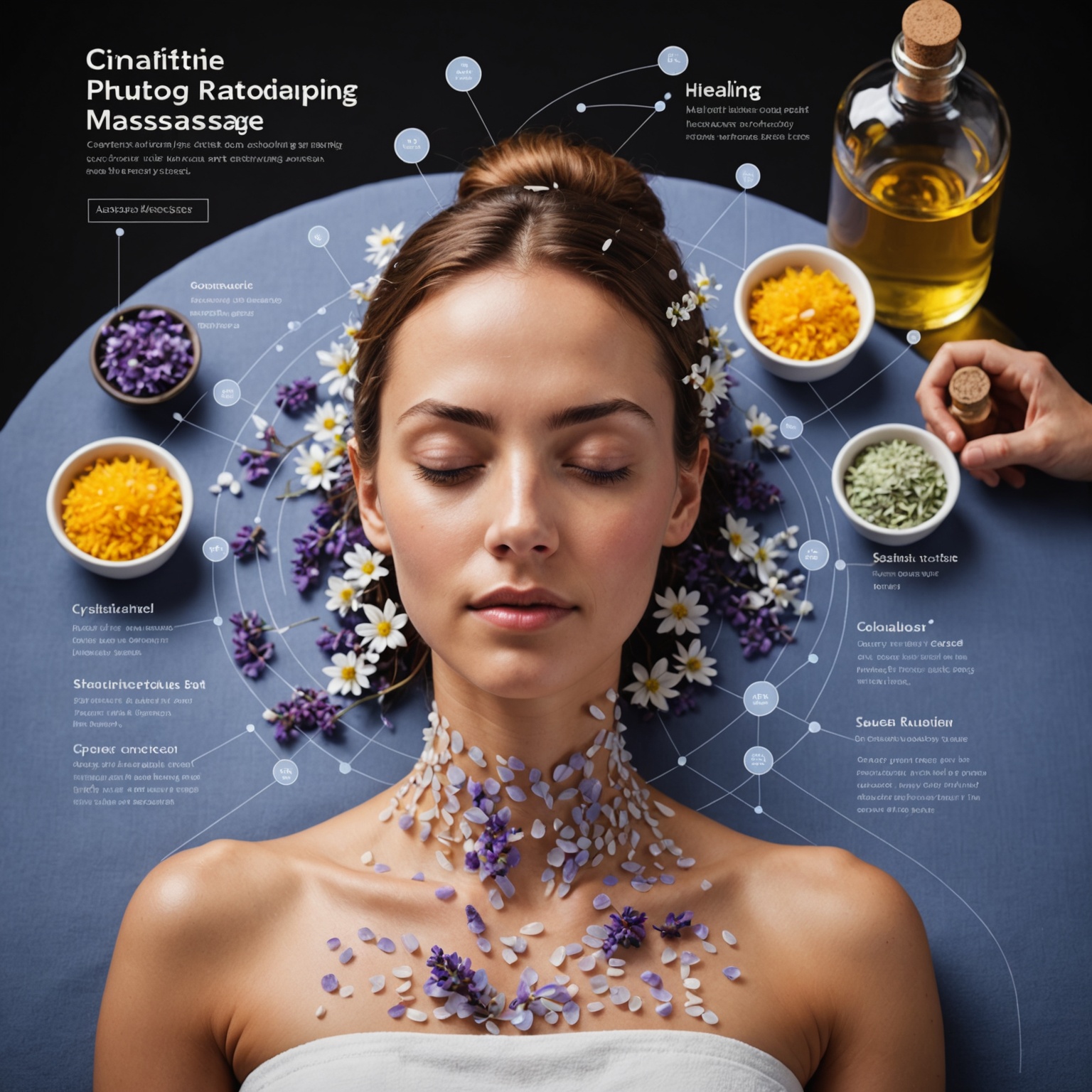 為主題〈芳香按摩對身心的療癒效果〉生成『內文圖片』：4:3或1:1，資訊圖/步驟圖/成分圖，簡潔易讀，含2-4個重點標籤。